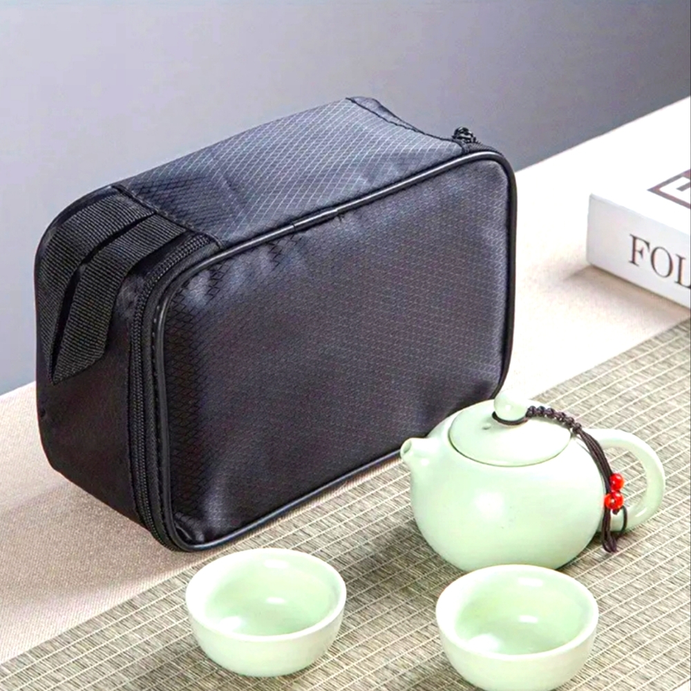 4pc Chinese Travel Tea Set,  Teapot & 2 Cups & Bag - Green